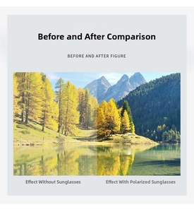 Outdoor comparison demonstrating polarized lenses filtering water reflections on lake