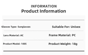 Detailed specs of lightweight aviator sunglasses model 1005 with AC lenses and PC frame