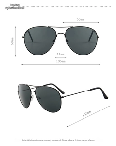 Detailed size chart for black metal aviator sunglasses with precise measurements