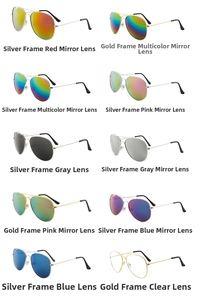 Detailed display of ten colorful aviator sunglasses with metal frames and mirrored lenses