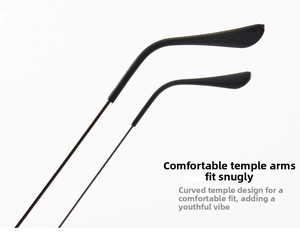 Detail of ergonomic aviator sunglasses temple with metal frame and soft black ear tips