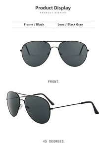 Front and side view of classic pilot aviator sunglasses with black metal frame and grey lens