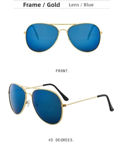 Detail of gold metal pilot sunglasses with blue reflective lenses and double bridge