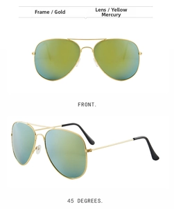 Front and 45-degree angle view of gold aviator sunglasses with yellow mirror lenses