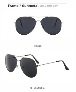 Front and 45-degree angle views of gunmetal aviator sunglasses with dark grey lenses