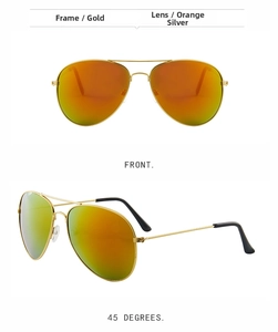 Macro view of gold metal pilot sunglasses with orange mirror lenses from two angles