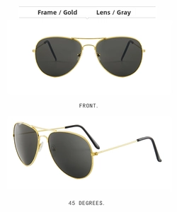 Detail of gold metal aviator sunglasses with gray lenses and UV400 protection