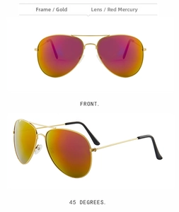 Front and 45-degree views of gold aviator sunglasses with red gradient mirror lenses