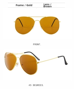 Front and 45-degree views of gold metal aviator sunglasses with brown lenses and UV400