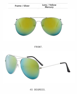Macro detail of silver metal aviator sunglasses with yellow-green gradient mercury lenses