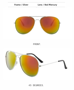 Macro detail of silver metal pilot sunglasses with orange gradient mirrored lenses
