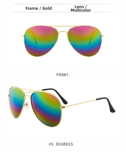 Detailed front and 45-degree views of gold metal aviator sunglasses with rainbow lenses
