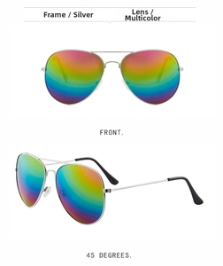 Detail view of silver metal aviator sunglasses with colorful gradient reflective lenses