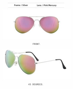 Front and 45-degree views of silver metal aviator sunglasses with pink mercury lenses