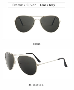 Silver metal aviator sunglasses with gray lenses shown in front and 45-degree side views