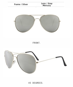 Detail view of silver metal pilot sunglasses with gray mirror lenses and double bridge design