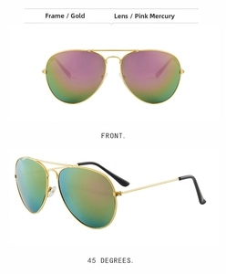 Front and 45-degree views of aviator sunglasses with gold metal frame and colorful lenses