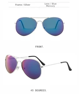 Front and 45-degree views of silver aviator sunglasses with blue purple gradient lenses