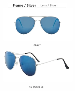 Silver metal aviator sunglasses with blue reflective lenses showing front and side views