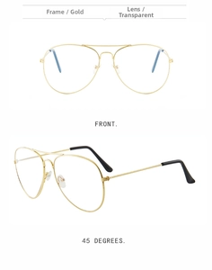 Golden aviator sunglasses with clear lenses and double bridge frame in front and side views