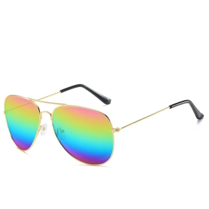 Aviator sunglasses with gold metal frame and rainbow gradient lenses on white background
