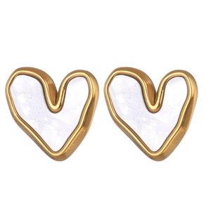 Minimalist 18K gold plated heart earrings with shell inlay on white background