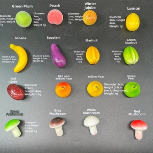 Detailed size specifications for 16 miniature faux fruit resin models and photo props