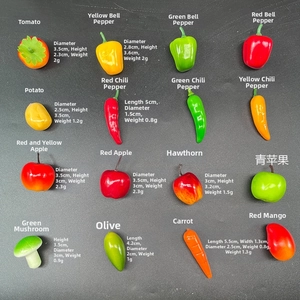 Detailed grid layout of mini artificial fruits and vegetables with specific dimensions