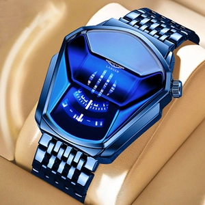 Detailed macro of shield-shaped blue watch dial with futuristic mechanical layout