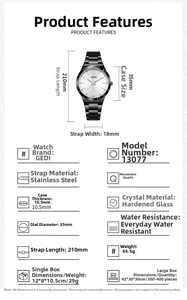 Spécifications de la montre à quartz étanche avec bracelet en acier et cadran de 35mm