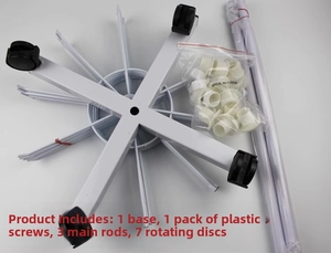 Rotating display stand kit with base, main rods, and seven round tiers for accessories