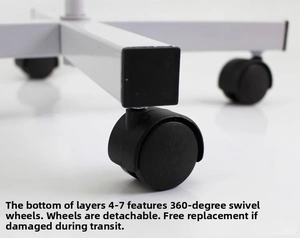 Detail of 360-degree rotating detachable swivel wheels on a white metal display stand