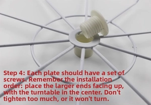 Macro view of white rotating display rack assembly parts with central screw and washer