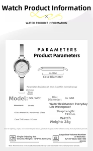 Detailed specs of the small silver quartz watch with a 26.1mm dial and mesh band