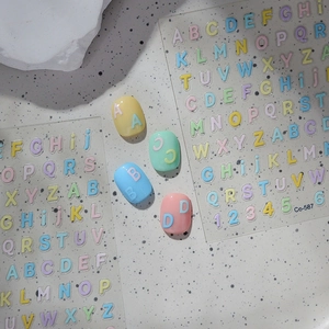 Minimalist macaron color 3D alphabet nail stickers with pastel embossed letters and numbers