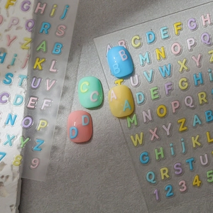 3D relief nail stickers with macaron colored letters and numbers on matte faux nails