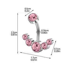 Pink gemstone belly button ring with stainless steel barbell and dimension annotations