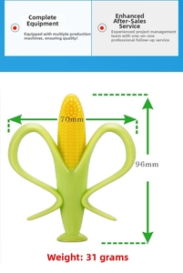 Detailed view of corn-shaped silicone baby teether showing 70mm x 96mm size and 31g weight