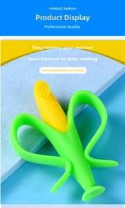 Detail showing the soft silicone corn teething toy with textured bristles and suction base
