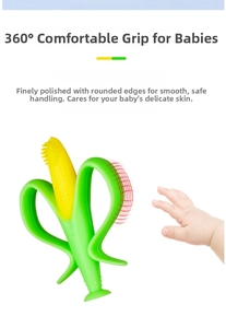 Detail showing baby silicone corn teether with textured surface and ergonomic green handles