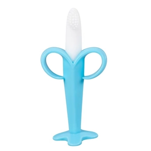 Blue banana-shaped silicone baby teether and training toothbrush with safety handles
