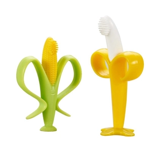 Silicone baby teether set with banana and corn toothbrush shapes for soothing gums