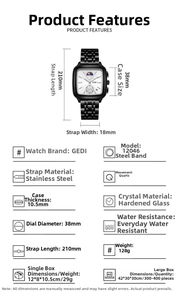 Detailed specifications chart for waterproof quartz watch with moon phase and steel strap