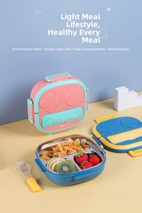 Robot-themed kids lunch box with 304 stainless steel divided tray and spoon