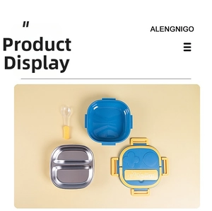 Exploded view of kids lunch box with two-compartment stainless steel tray and spoon