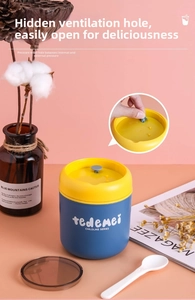 Blue and yellow 304 stainless steel insulated soup jar with a spoon for kids school