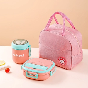 Kids portable 304 stainless steel bento set with lunch bag and soup cup in coral pink