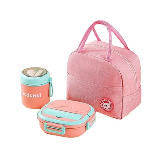304 stainless steel kids lunch box set with pink thermal bag and green soup cup