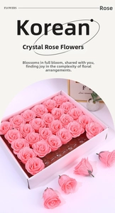 Detail view of pink crystal glitter artificial roses in a compact decorative gift box