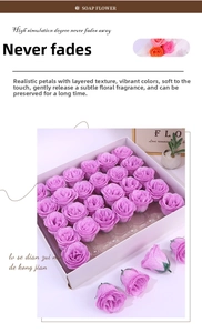 Macro view of artificial purple glitter soap rose flower heads in white gift box